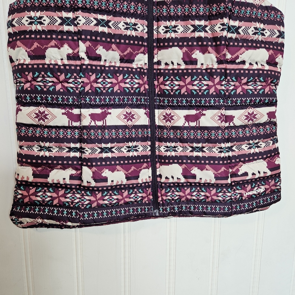 Lands’ End Down Puffer Vest Size S Reindeer Bear Print Snow Holiday Winter Xmas - Picture 4 of 14